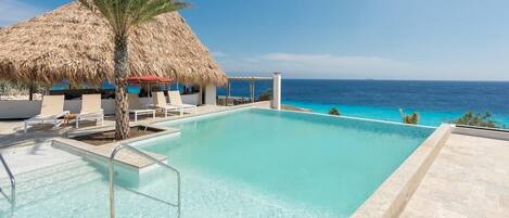 A pool with clear blue water, a thatched roof structure, and a view of the ocean.