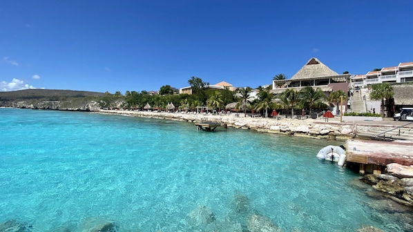On the beach, sun-loungers, beach towels