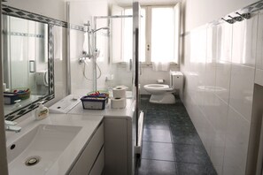 Shower, hair dryer, bidet, towels