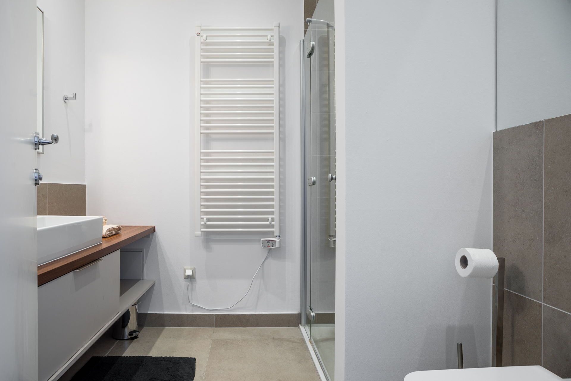 A modern bathroom with a white sink, a towel rack, a shower with a glass door, and a toilet with a toilet paper holder.