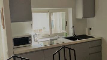 Fridge, microwave, stovetop, coffee/tea maker