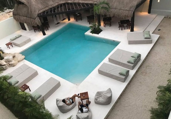 Outdoor pool, pool loungers