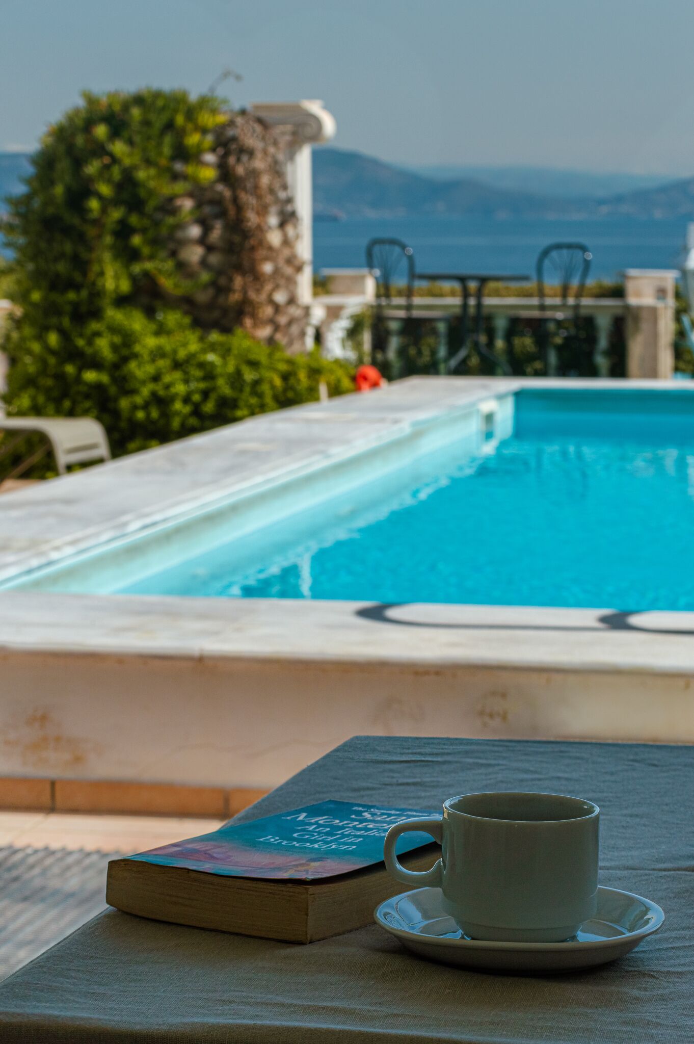 A poolside setting with a book and a cup on a table, overlooking a pool and mountains.