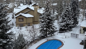 A residential area with a swimming pool covered in snow, surrounded by snow-covered trees and houses.