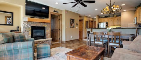 Smart TV, fireplace, DVD player, books