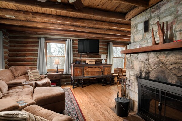 TV, fireplace, DVD player, books