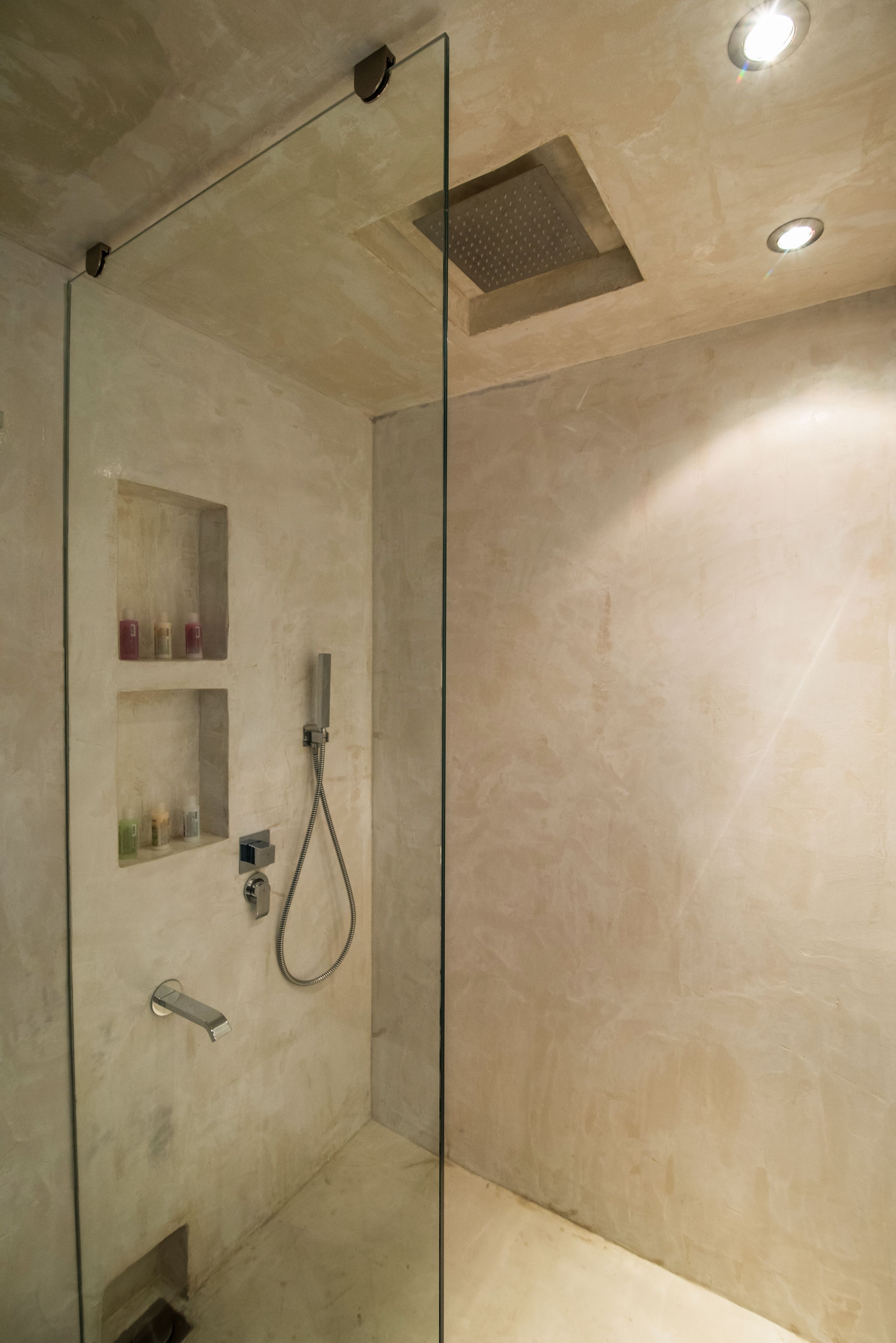 Une douche moderne dotée d’une porte en verre, d’un pommeau de douche à main et d’une étagère intégrée pour les articles de toilette.