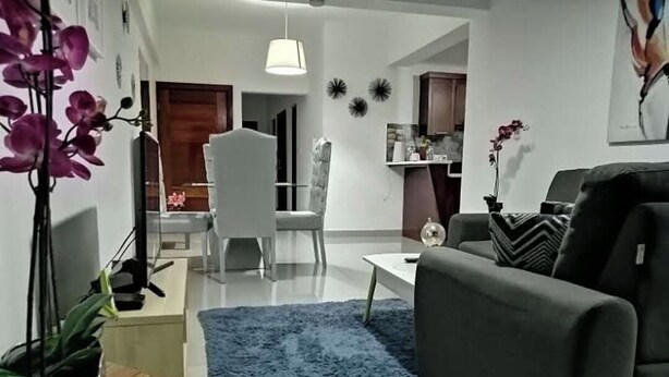 Un salon moderne avec un canapé gris, un tapis bleu et un coin repas comprenant une chaise et une table blanches.