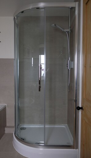 Bathtub, hair dryer, towels, toilet paper