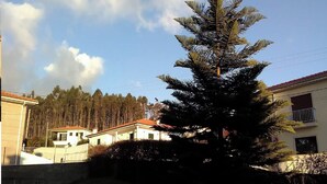 A residential area with a tall evergreen tree in the foreground, houses with red roofs, and a clear sky with clouds. - Happy group or large family holiday - Free Wifi (Felgueiras)
