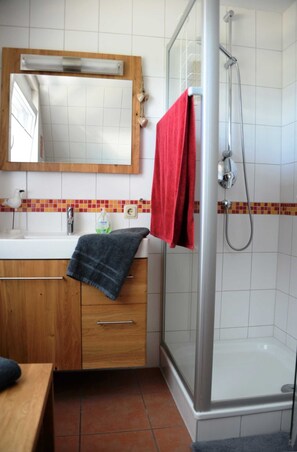 Douche, séchoir à cheveux, serviettes fournies, savon