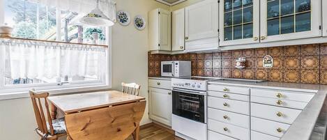 Fridge, stovetop, dishwasher, coffee/tea maker