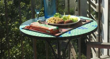 2-Zimmerwohnung im Hochparterre mit Blick auf ganz Paris und sonnigem Balkon. Buttes Chaumont