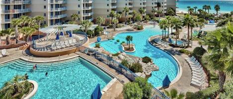 Outdoor pool, a heated pool, pool loungers