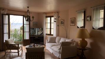 Een televisie, een open haard, een dvd-speler en een stereo