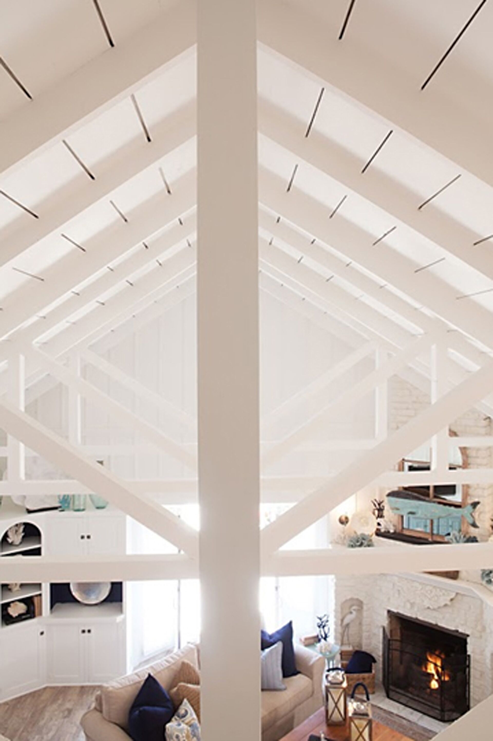 View from Upstairs - Beautiful wood ceiling in living room