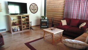 Ein gemütliches Wohnzimmer mit Holzboden, einem Fernseher, einem Bücherregal, einem Kamin und einem roten Sofa.
