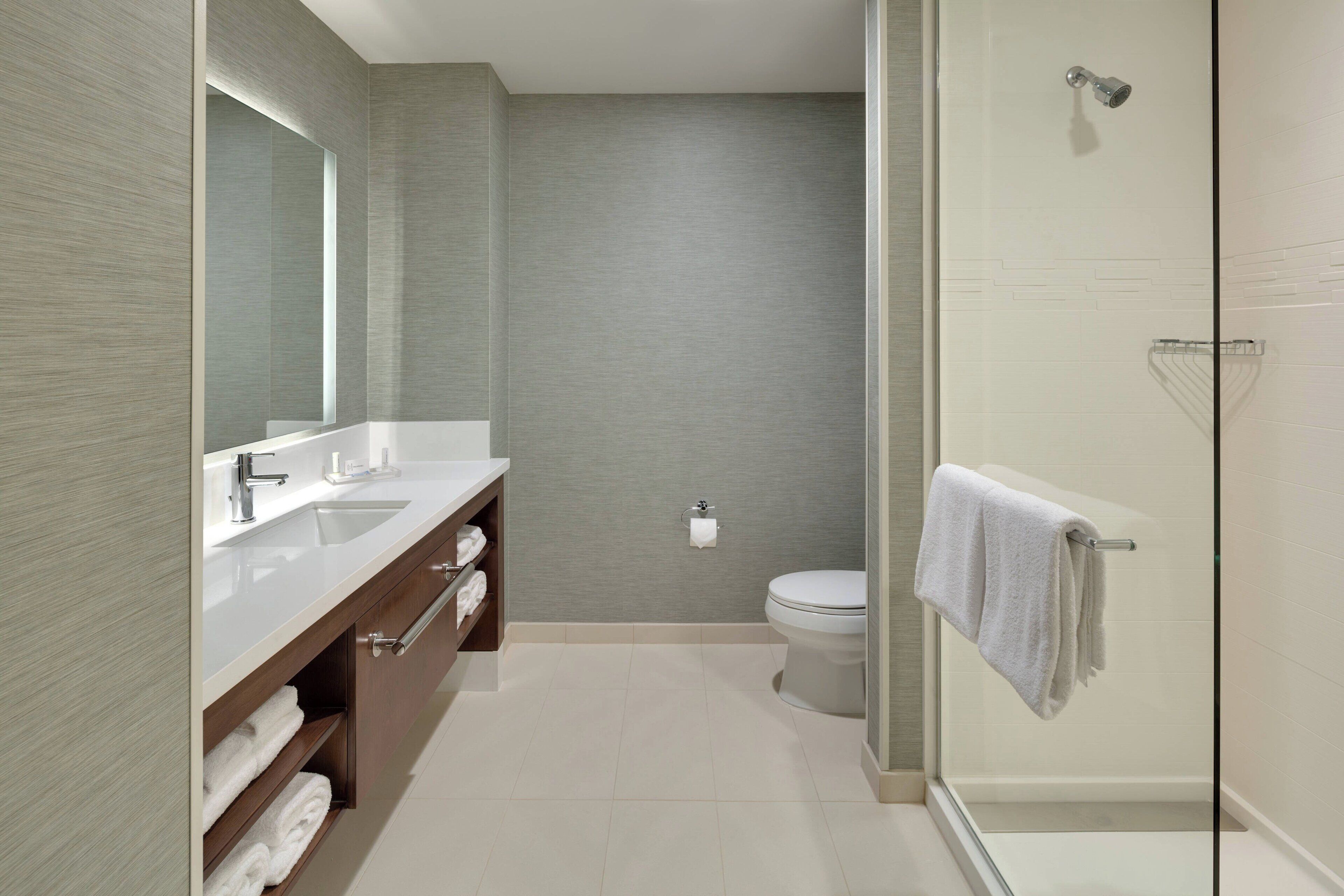 A modern bathroom with a glass shower enclosure, a large mirror, and a vanity with a sink and towel rack.