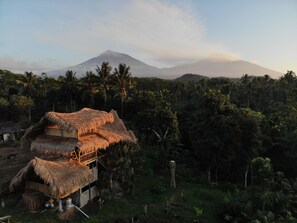 A thatched-roof house with a balcony, surrounded by dense tropical vegetation and a mountain in the background. - Bamboo & B - Hostel (Banyuwangi)