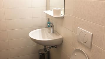 Un baño con inodoro, lavamanos y espejo.