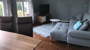 Un salon avec un canapé gris, une table à manger en bois et un meuble pour la télévision.