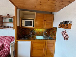 A compact kitchen with wooden cabinets, a microwave, a sink, and a Bosch refrigerator. - Sunny studio for 4, view on the slopes (Les Saisies)