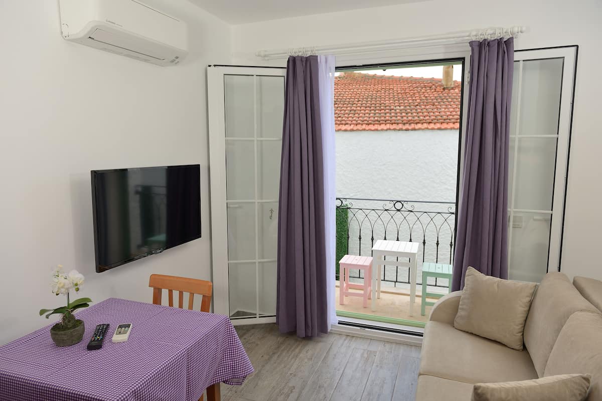 A room with a TV, a table with a checkered tablecloth, a potted plant, a sofa, and a balcony with a railing and a view of a building with a red roof.