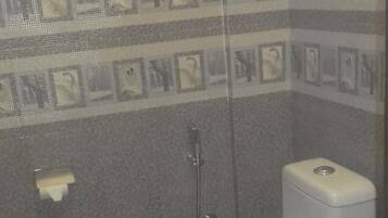 A bathroom with a toilet, a shower, and a trash bin.