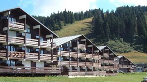 A row of wooden cabins with balconies, set in a grassy area with a forested hill in the background. - Renovated cabin studio for 4, south balcony, garage included (Les Saisies)