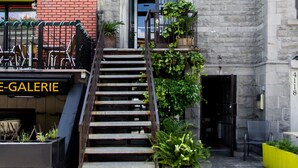 A building with a stone facade, a wooden staircase, and a balcony with plants.