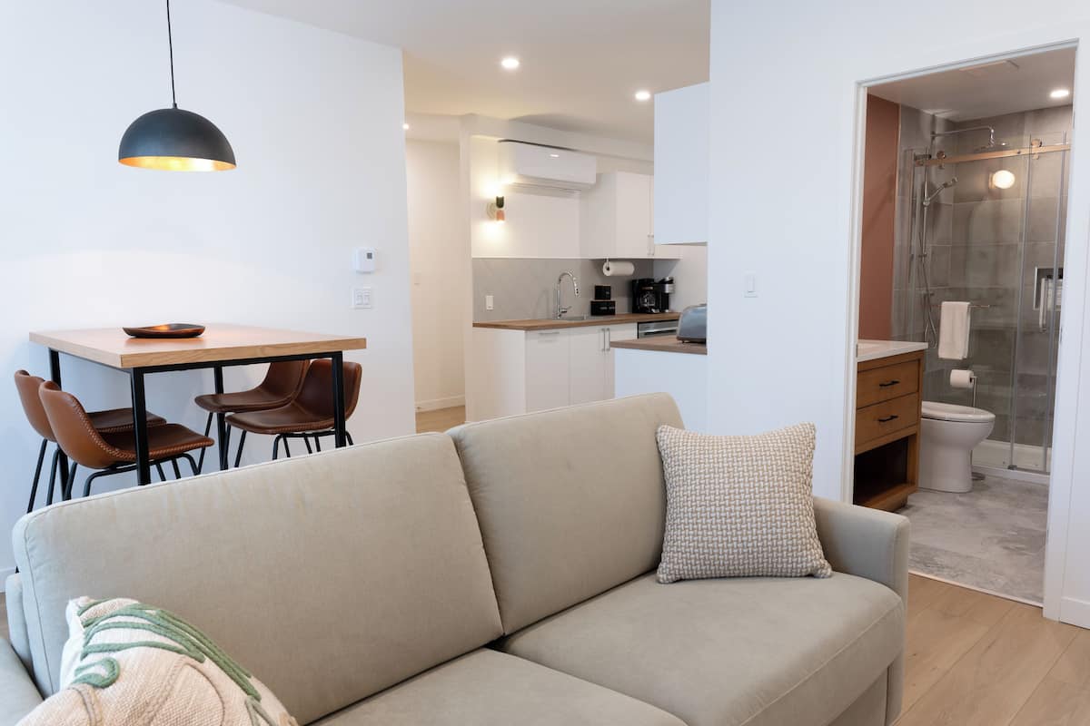 Una sala de estar moderna con un sofá, una mesa de comedor con sillas, una zona de cocina con pileta y estufa, y un espacio de ducha con puerta de vidrio.