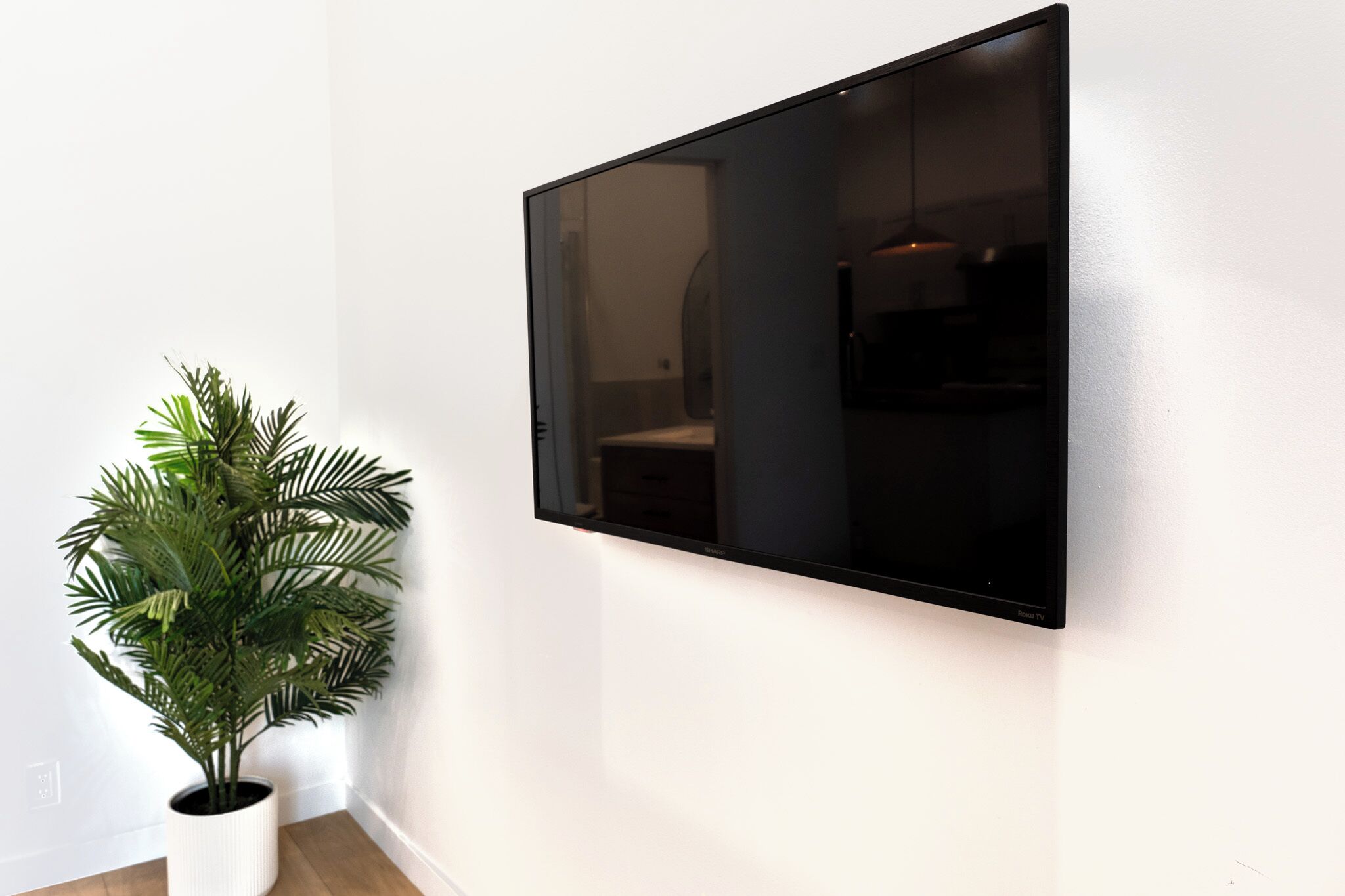 A wall-mounted flat-screen TV in a room with white walls and a potted plant.