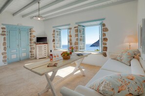 Villa, 2 Bedrooms, Private Pool, Sea View (Athina) | Living area | Flat-screen TV - Theologos Houses (Patmos)