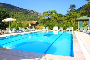 Outdoor pool, pool umbrellas, pool loungers