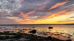 A sunset over a calm body of water with rocks and sparse vegetation. - A spacious sanctuary with 10+ private acres a few miles from Acadia NP entrance (Bar Harbor)