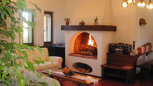 Ein gemütliches Wohnzimmer mit Kamin, Sofa, Couchtisch und Bücherregal.