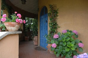 One of the covered terraces surrounding the villa and main entrance door
