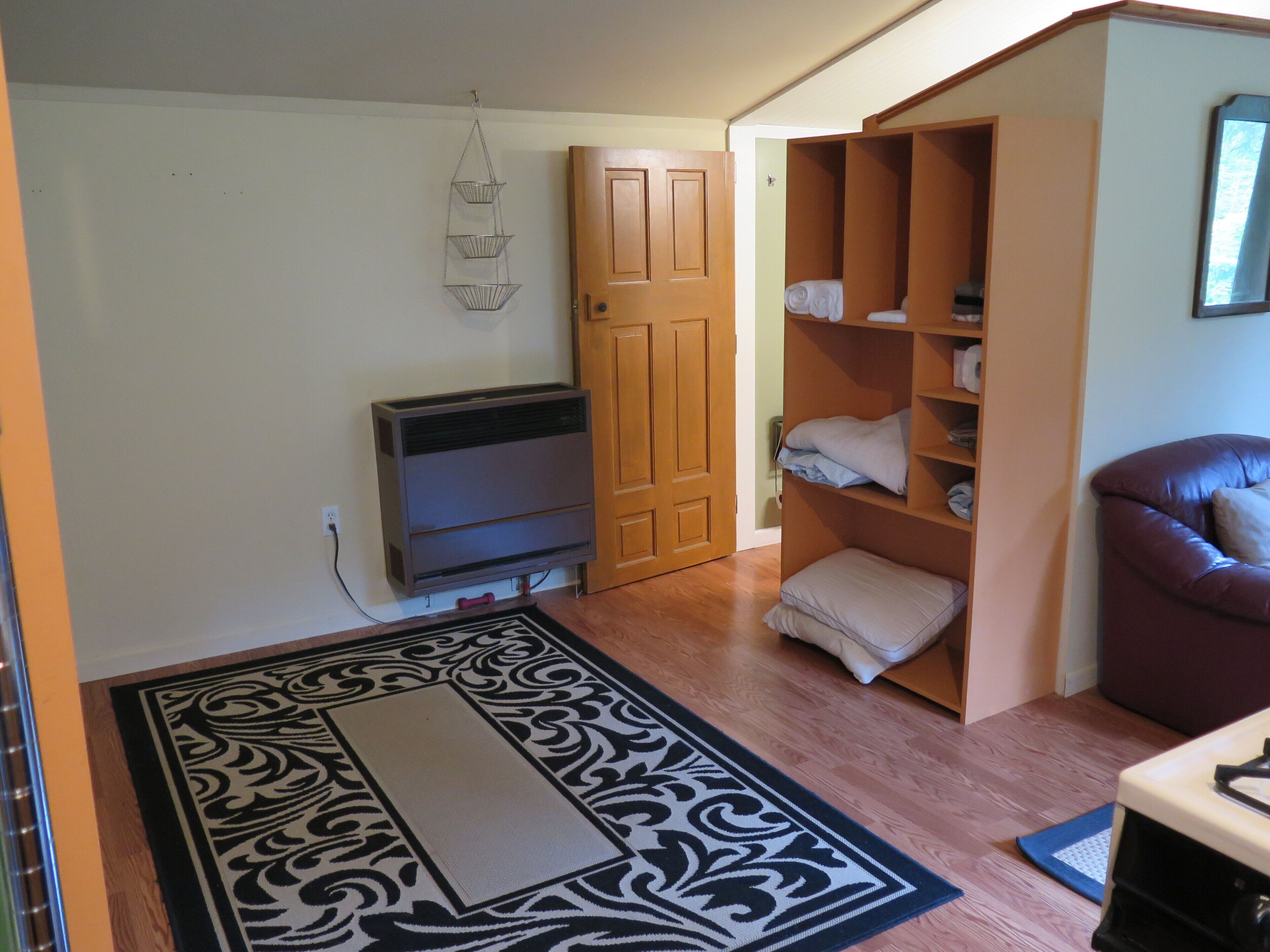 A compact living space with a television, wooden wardrobe, and a patterned rug.