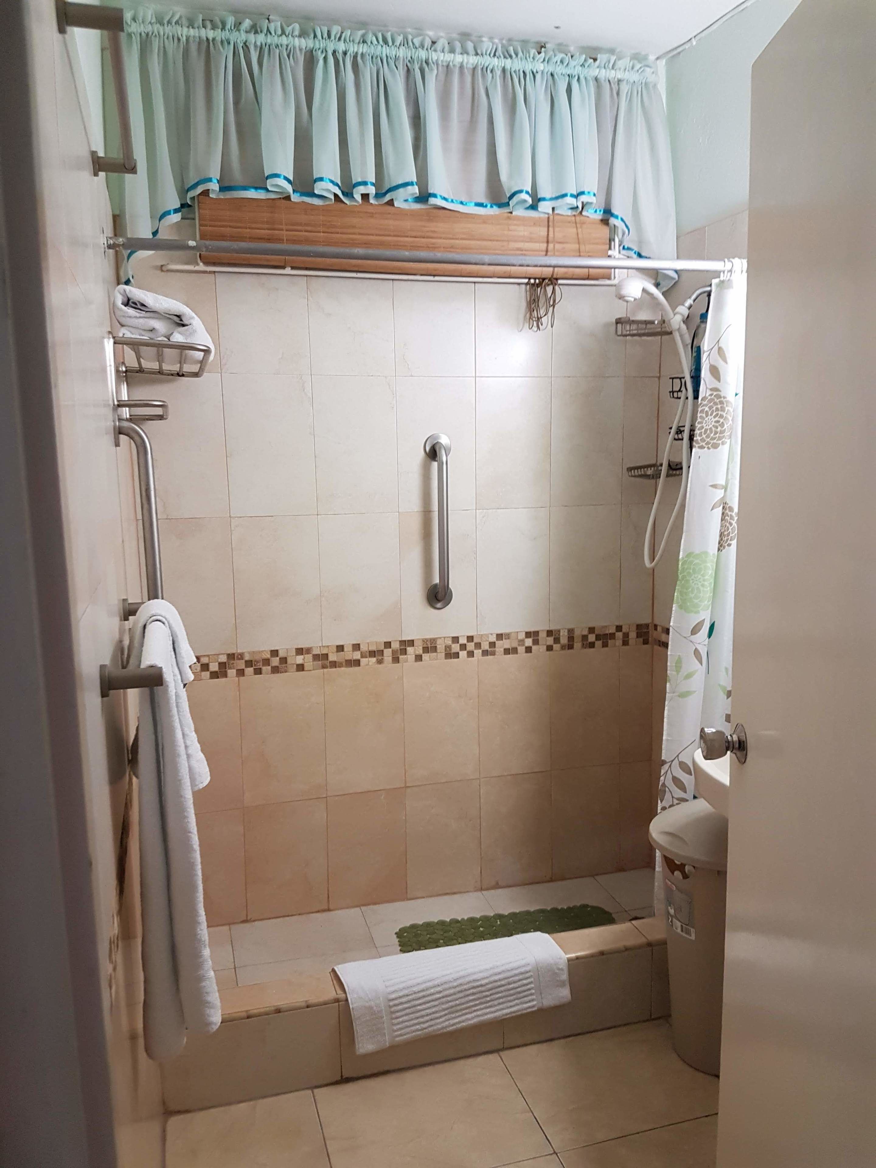 Un espace douche équipé d’une barre d’appui, d’un porte-serviettes et d’un rideau de douche.