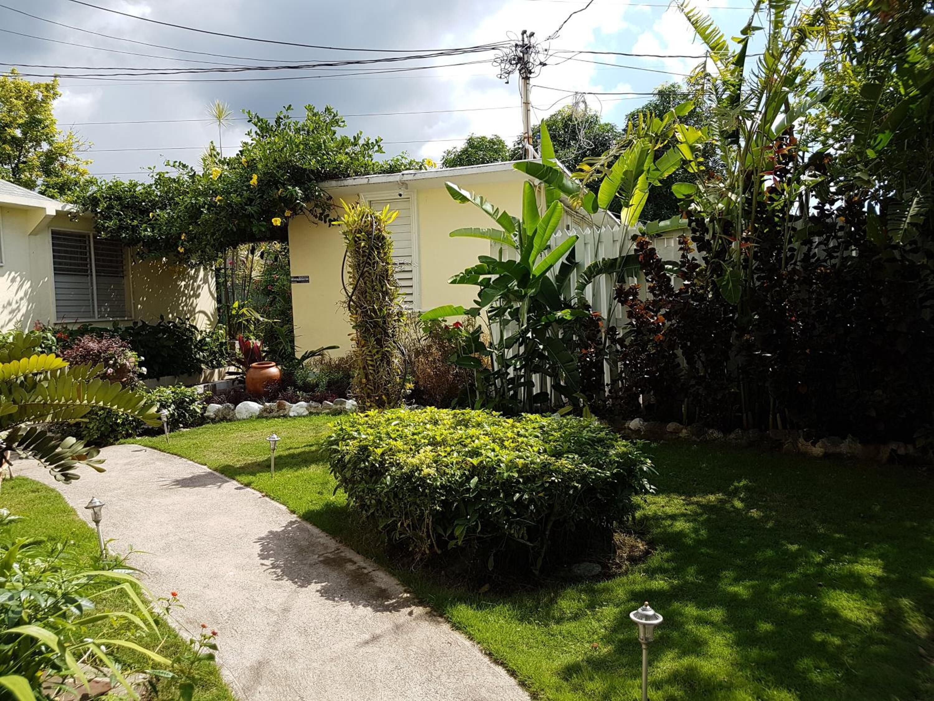 Un giardino residenziale con un vialetto lastricato che conduce a una casa con facciata gialla.