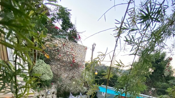 Une piscine bordée d’un muret en pierre et accessible par des marches, entourée de verdure et d’une clôture blanche.