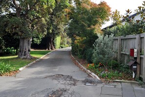 Stroll through a serene residential street lined with mature trees and a charming fence.