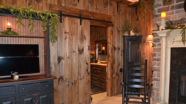 A rustic interior with a wooden wall, a fireplace, a television, and a ladder. - The Guest House (Schellsburg)