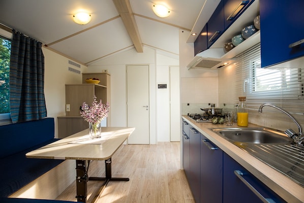 Fridge, stovetop, cookware/dishes/utensils