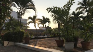 A paved patio area with potted plants and palm trees, surrounded by buildings. - Newly Listed Amazing, Serene resort with Beautiful Sunsets & Blue Waters  (PUERTO VALLARTA)