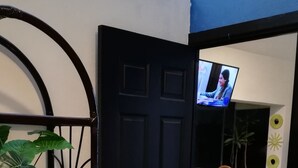 A room with a black door, a glass shelf with a plant, a television on a stand, a dining table with chairs, and a patterned rug. - Newly Listed Amazing, Serene resort with Beautiful Sunsets & Blue Waters  (PUERTO VALLARTA)