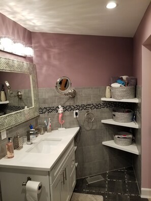 Shower, hair dryer, bidet, towels