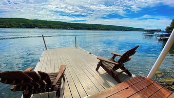 A wooden deck with Adirondack chairs overlooking a lake with a view to the south.