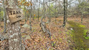A wooden trail sign in a forested area with a path leading through the woods. - Romantic Lakeview Treehouse with Jacuzzi Tub & Private Deck (Stigler)