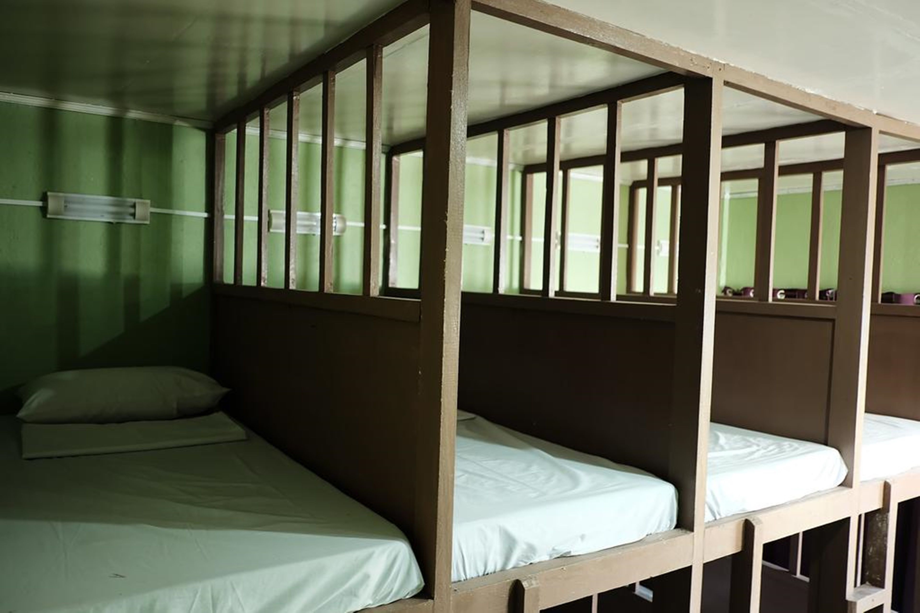 Camera con letto a castello, pareti verdi e una finestra.